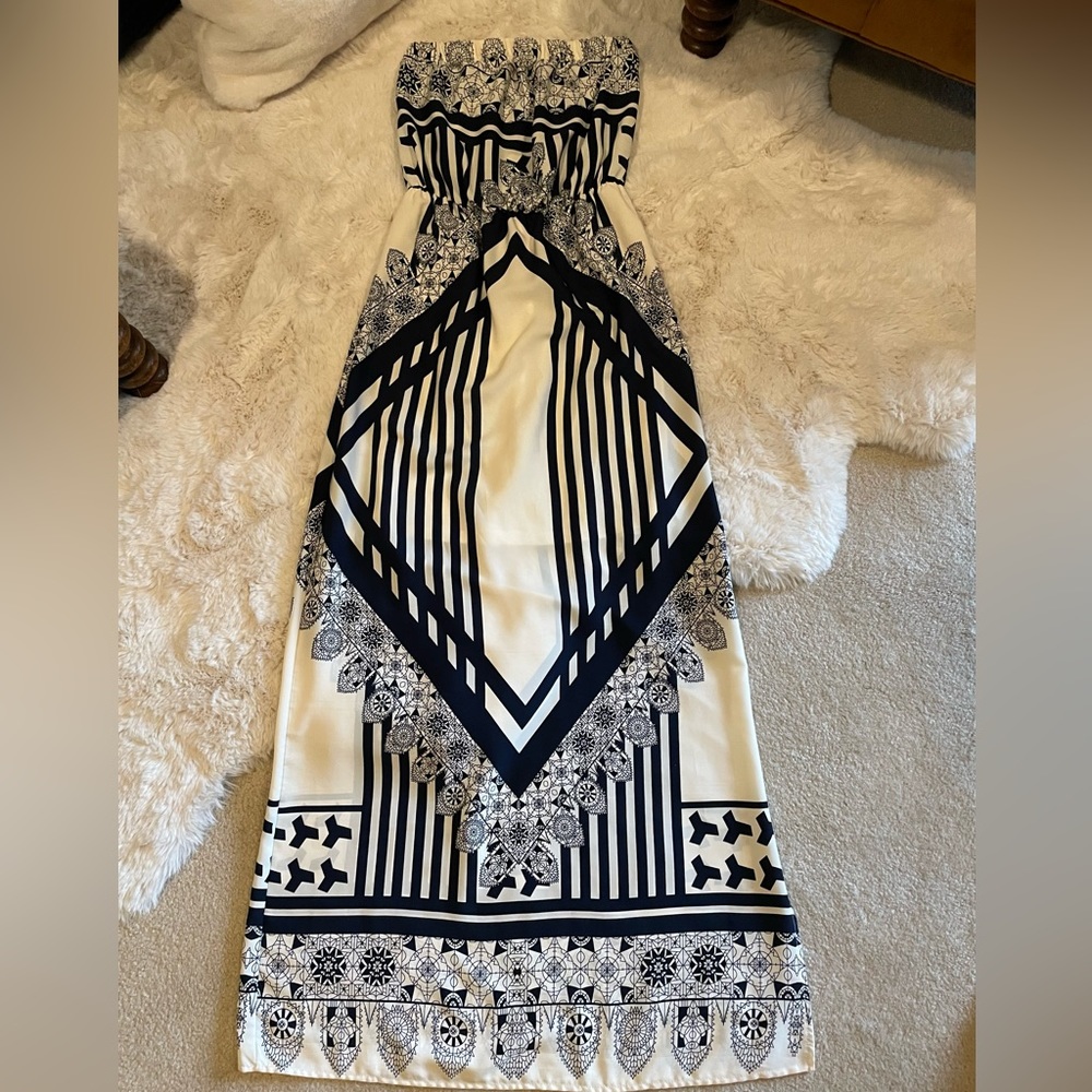 DINA BE Strapless Dress Navy & Cream BOHO, sz S